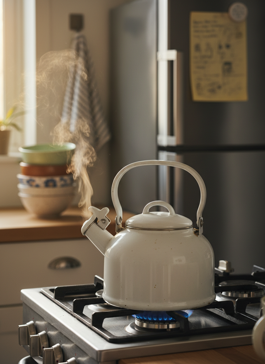 A well-used enamel kettle in soft matte white resting on a gas stove, blue flame glowing beneath, in a compact but tidy kitchen. Nearby, a small stack of mismatched ceramic bowls, a hanging linen dish towel, and a pinned memo with scribbled notes on the refrigerator door suggest a busy everyday routine. Late afternoon light enters through a narrow window, producing a warm, slanting glow that highlights steam beginning to rise from the spout and creates subtle reflections on the metal fixtures. Photographic realism, shot from countertop level with the kettle in sharp focus and background slightly blurred. The mood is homely and reflective, evoking quiet observation of daily chores and passing moments.