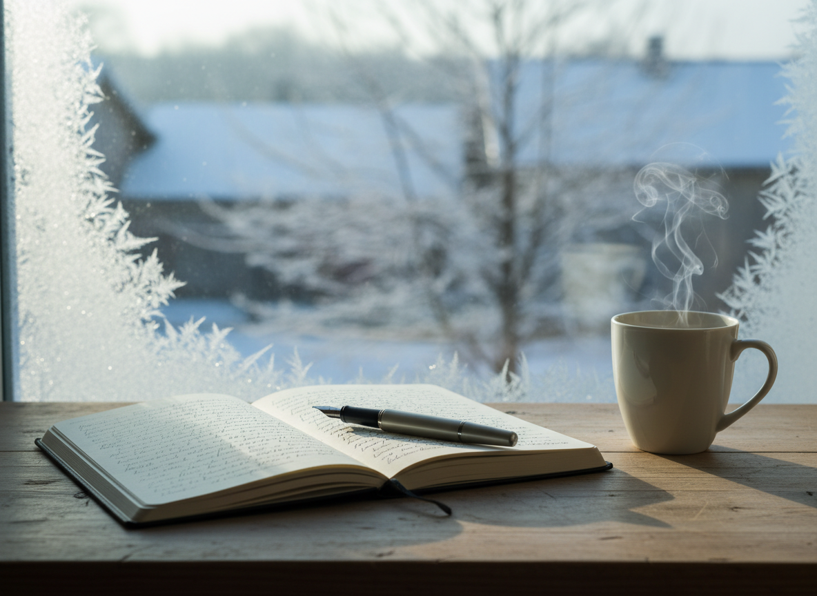 A small wooden writing desk by a frosted winter window, its surface holding an open cream-colored notebook with neat handwritten lines in dark ink, a simple fountain pen resting diagonally across the page. Outside the glass, bare branches and a hint of distant snow-covered rooftops appear softly blurred. Pale morning light filters through the window, casting cool, gentle shadows on the grain of the wood and illuminating a rising curl of steam from a plain white ceramic mug. Photographic realism, shot at eye level with a shallow depth of field, creating a quiet, introspective atmosphere suited to a personal diary, calm and uncluttered with soft, muted colors and a sense of everyday contemplation.