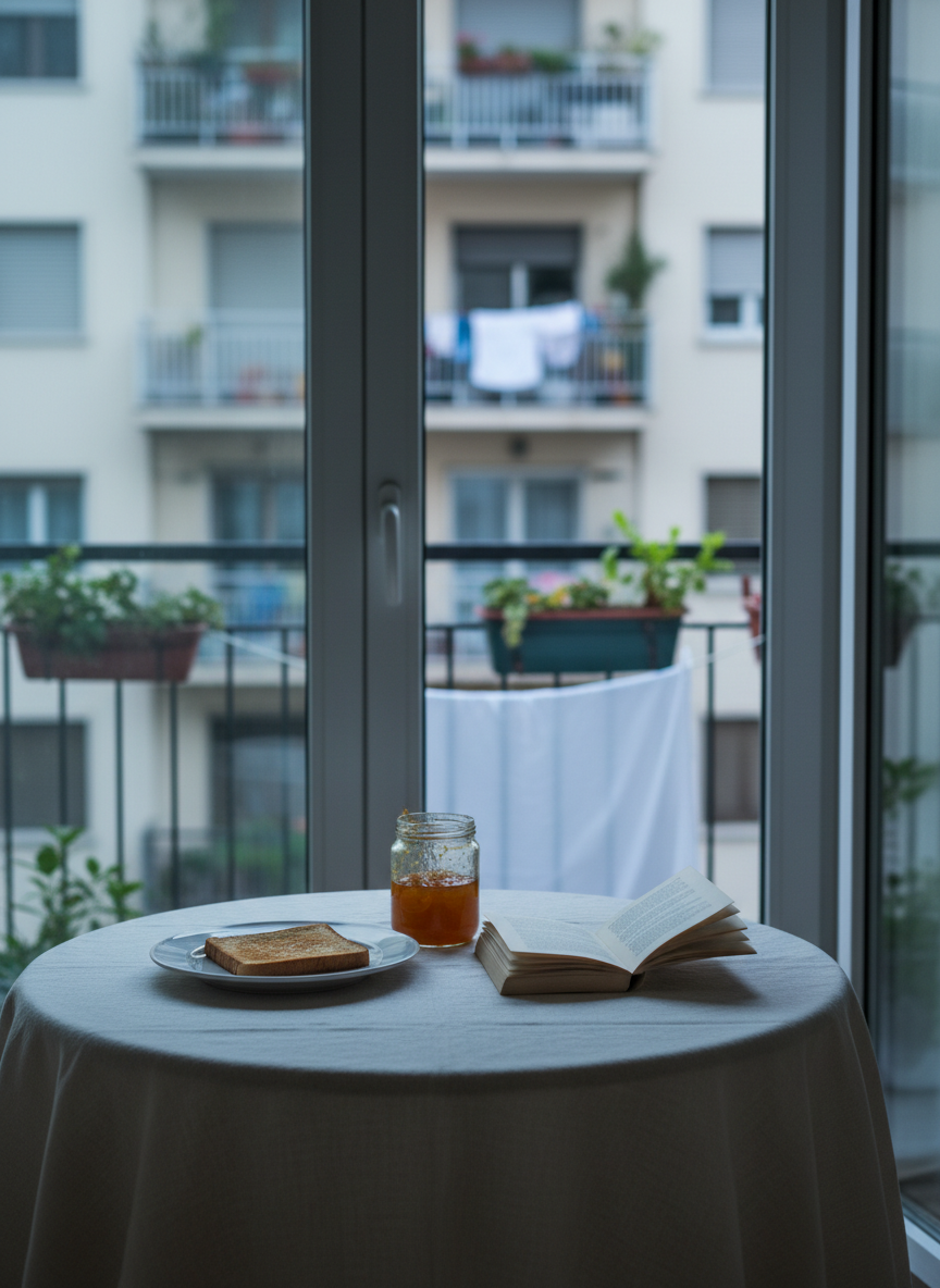 A small round dining table by a balcony door, covered with a slightly wrinkled linen cloth, holding a simple breakfast: a single slice of toast on a plain white plate, a glass jar of marmalade, and a pocket-sized paperback book left open face-down. Outside, soft focus hints at city apartment balconies and laundry swaying gently. Gentle morning overcast light seeps through the glass, giving everything a soft, cool tone and delicate shadows. Photographic realism, composed with the table in the lower third and the window frame leading the eye outward. The mood is unhurried and contemplative, capturing the in-between space of solitary meals and wandering thoughts.