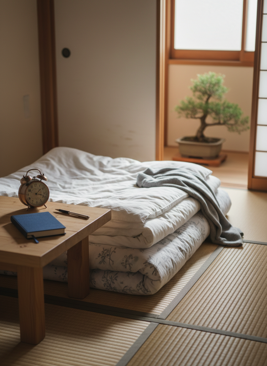 A neatly made futon on tatami flooring in a simple Japanese room, with a low wooden side table holding a closed cloth-bound journal, a mechanical pencil, and a small analog alarm clock showing early morning hours. Through a partially open shoji screen, overcast daylight diffuses into the room, creating soft, even illumination and gentle shadows along the tatami texture. A folded wool cardigan lies at the futon’s edge, hinting at the chill outside. Photographic realism with a slightly elevated angle and balanced composition, muted earthy tones and natural materials conveying a quiet, lived-in feeling, perfectly capturing the tenderness of ordinary daily life and drifting thoughts.